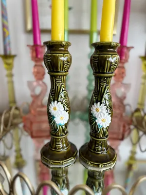 Vintage Candle Holders,  Majolica Style Green Bamboo and Daisy, Mid Century Modern