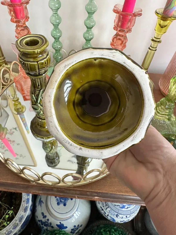 Vintage Candle Holders,  Majolica Style Green Bamboo and Daisy, Mid Century Modern