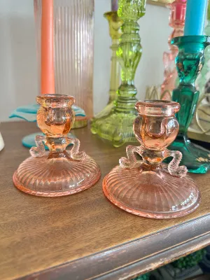 Vintage Candle Holders, Pink Depression Glass Dolphin Fish, Koi Fish