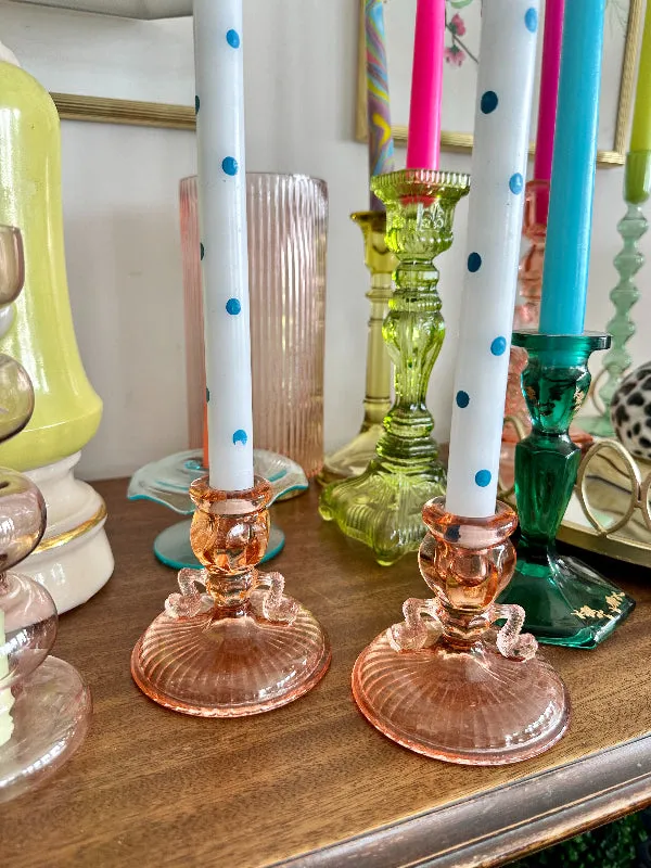 Vintage Candle Holders, Pink Depression Glass Dolphin Fish, Koi Fish