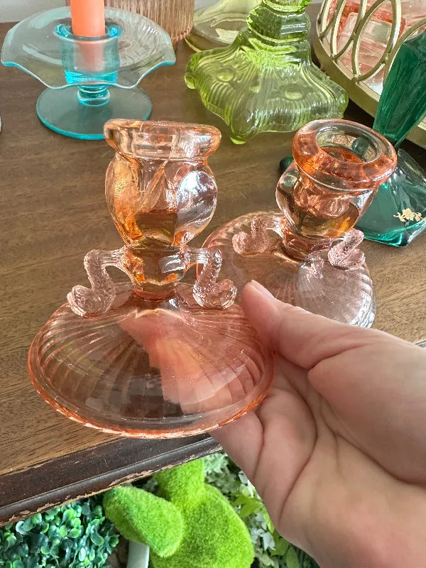 Vintage Candle Holders, Pink Depression Glass Dolphin Fish, Koi Fish