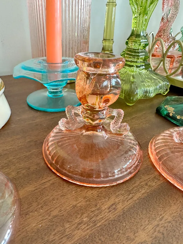 Vintage Candle Holders, Pink Depression Glass Dolphin Fish, Koi Fish