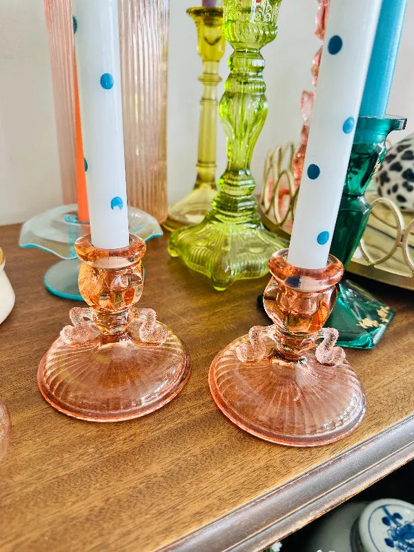 Vintage Candle Holders, Pink Depression Glass Dolphin Fish, Koi Fish