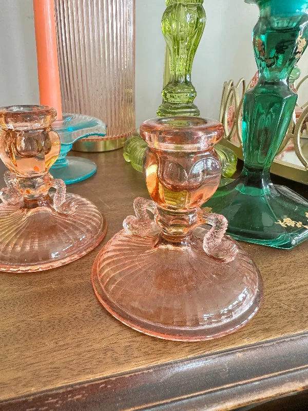 Vintage Candle Holders, Pink Depression Glass Dolphin Fish, Koi Fish