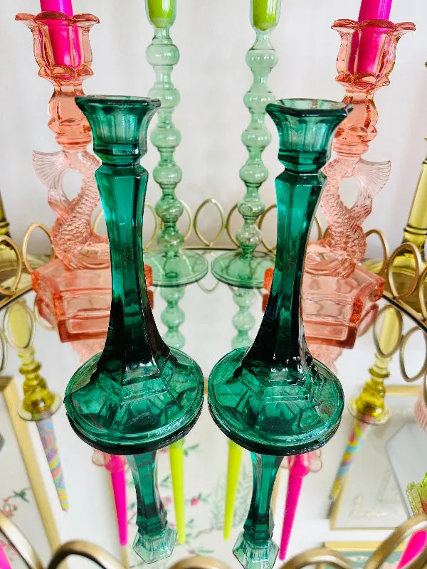 Vintage Candleholders, Green Glass, Pair