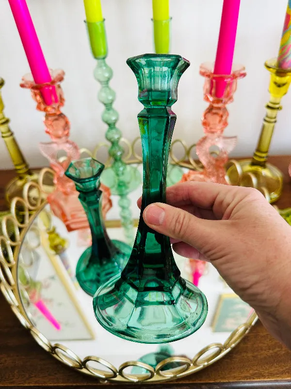 Vintage Candleholders, Green Glass, Pair