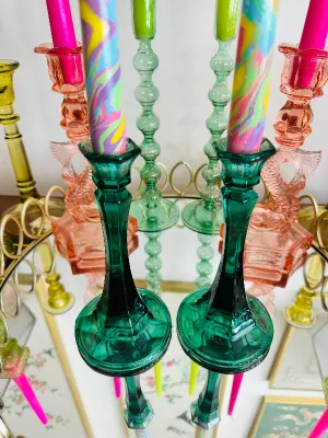 Vintage Candleholders, Green Glass, Pair