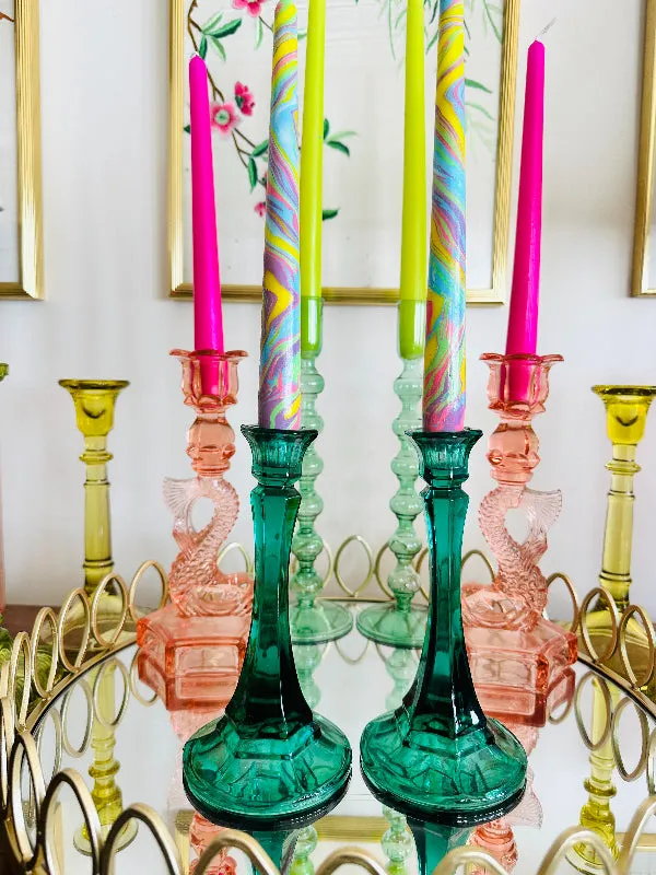 Vintage Candleholders, Green Glass, Pair