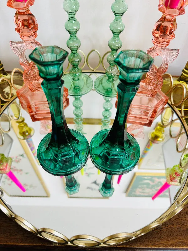 Vintage Candleholders, Green Glass, Pair