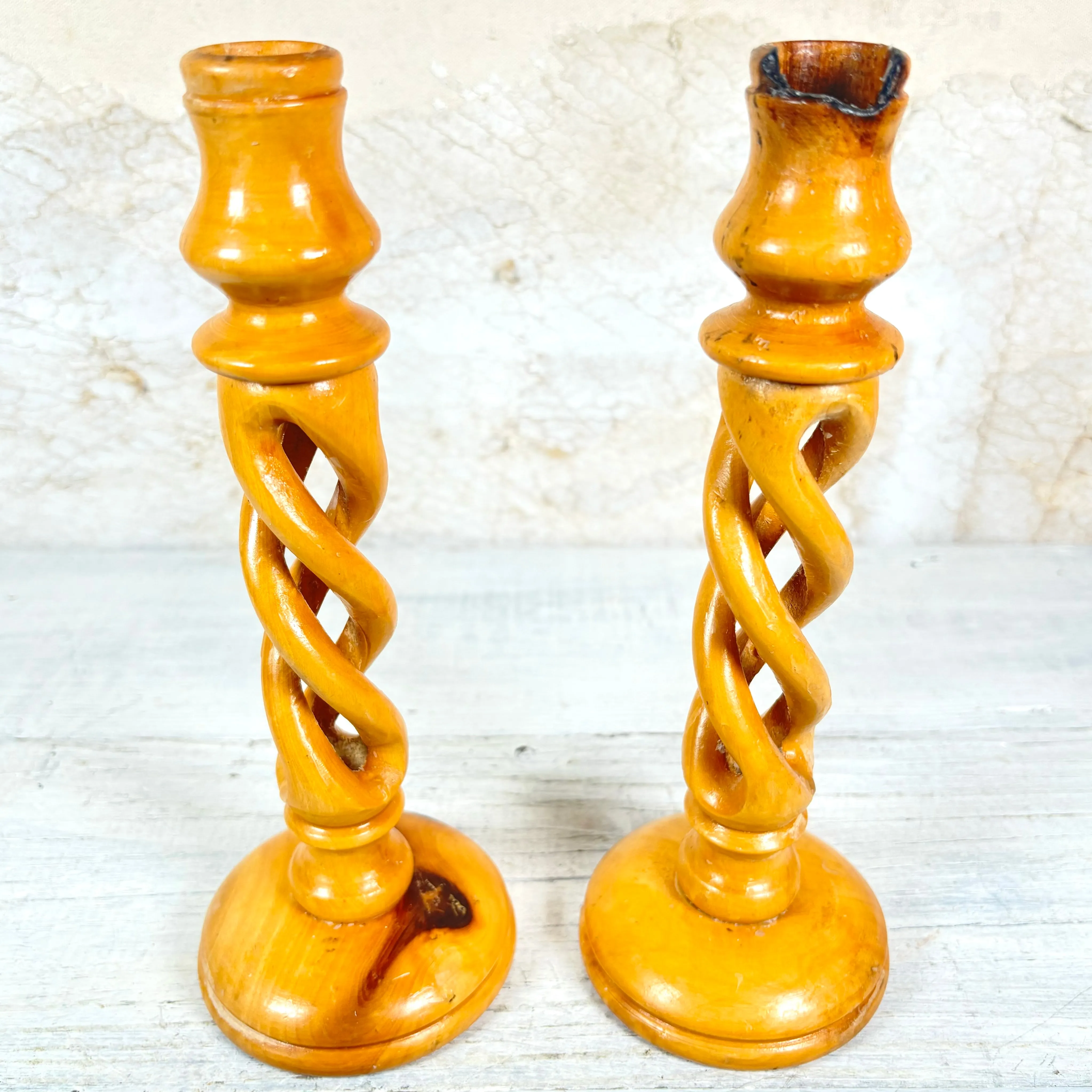 Vintage Carved Olive Wood Candlesticks Set of Two
