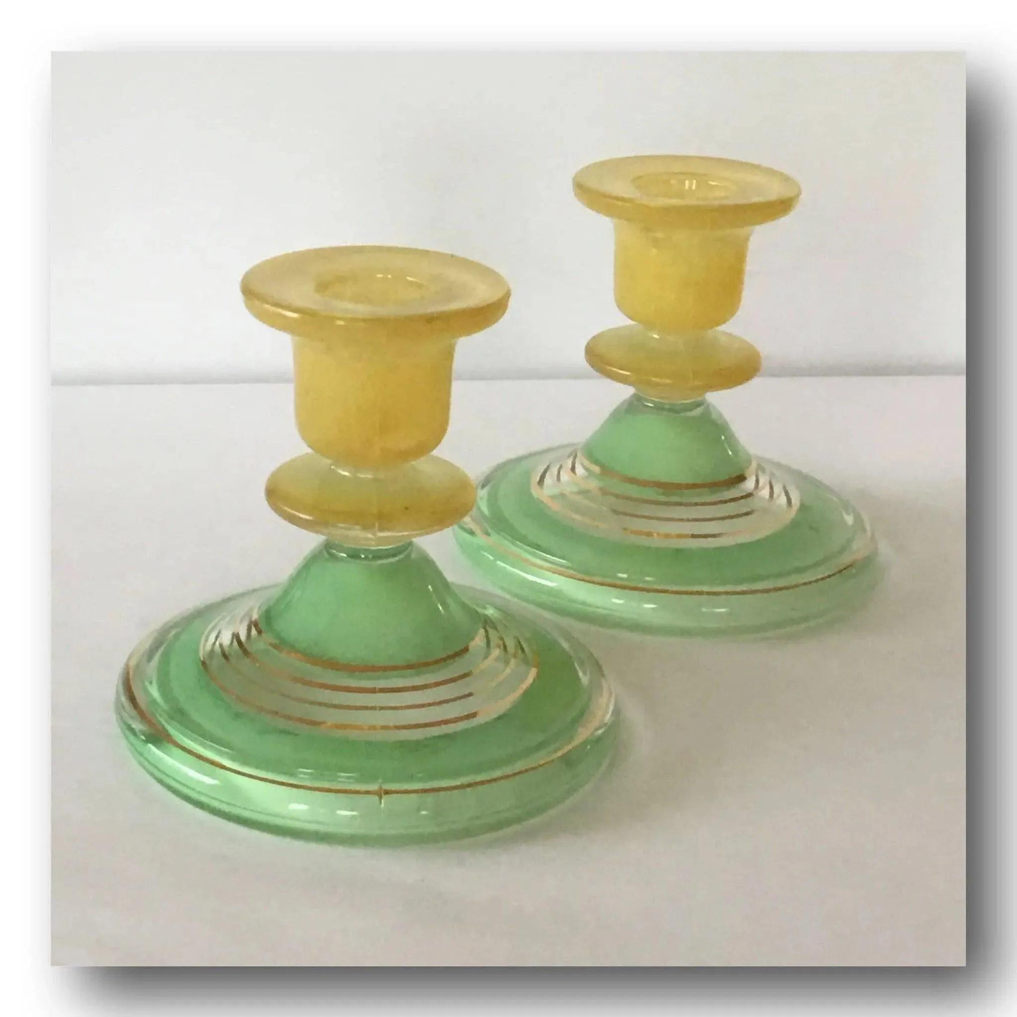 Vintage glass candlesticks holders green yellow gold bands
