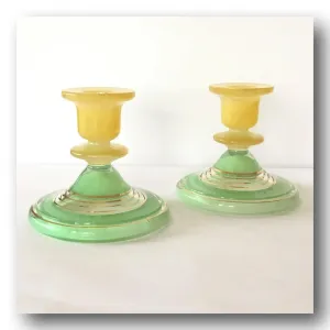 Vintage glass candlesticks holders green yellow gold bands