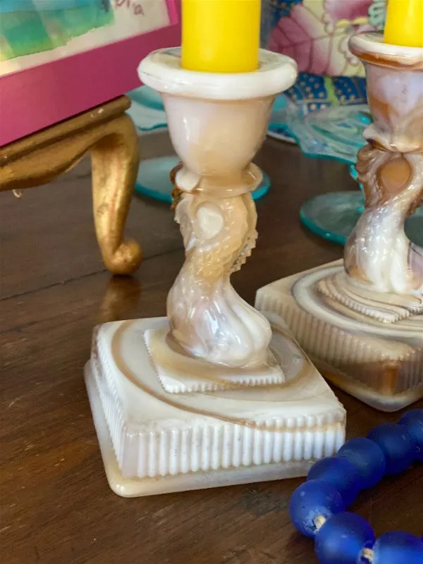 Vintage Imperial Slag Glass Brown and Cream Koi Fish Candle Holders (pair)