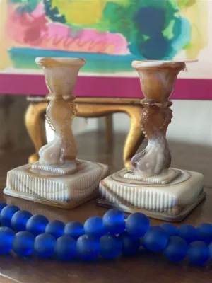 Vintage Imperial Slag Glass Brown and Cream Koi Fish Candle Holders (pair)