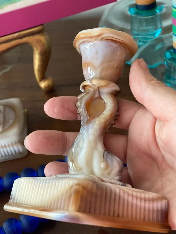 Vintage Imperial Slag Glass Brown and Cream Koi Fish Candle Holders (pair)