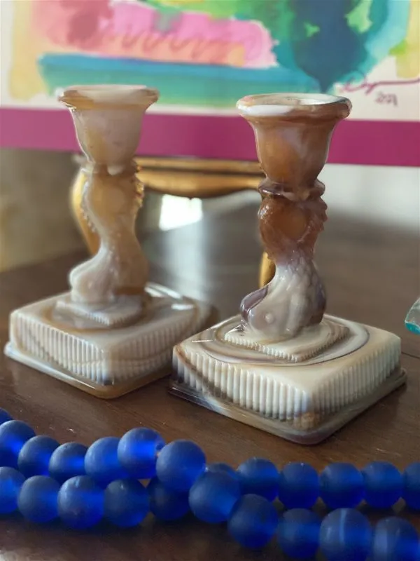 Vintage Imperial Slag Glass Brown and Cream Koi Fish Candle Holders (pair)