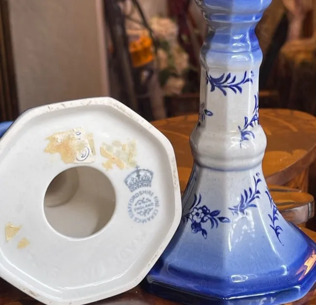 Vintage Pair Flow Blue English Staffordshire Candle Stick Holders