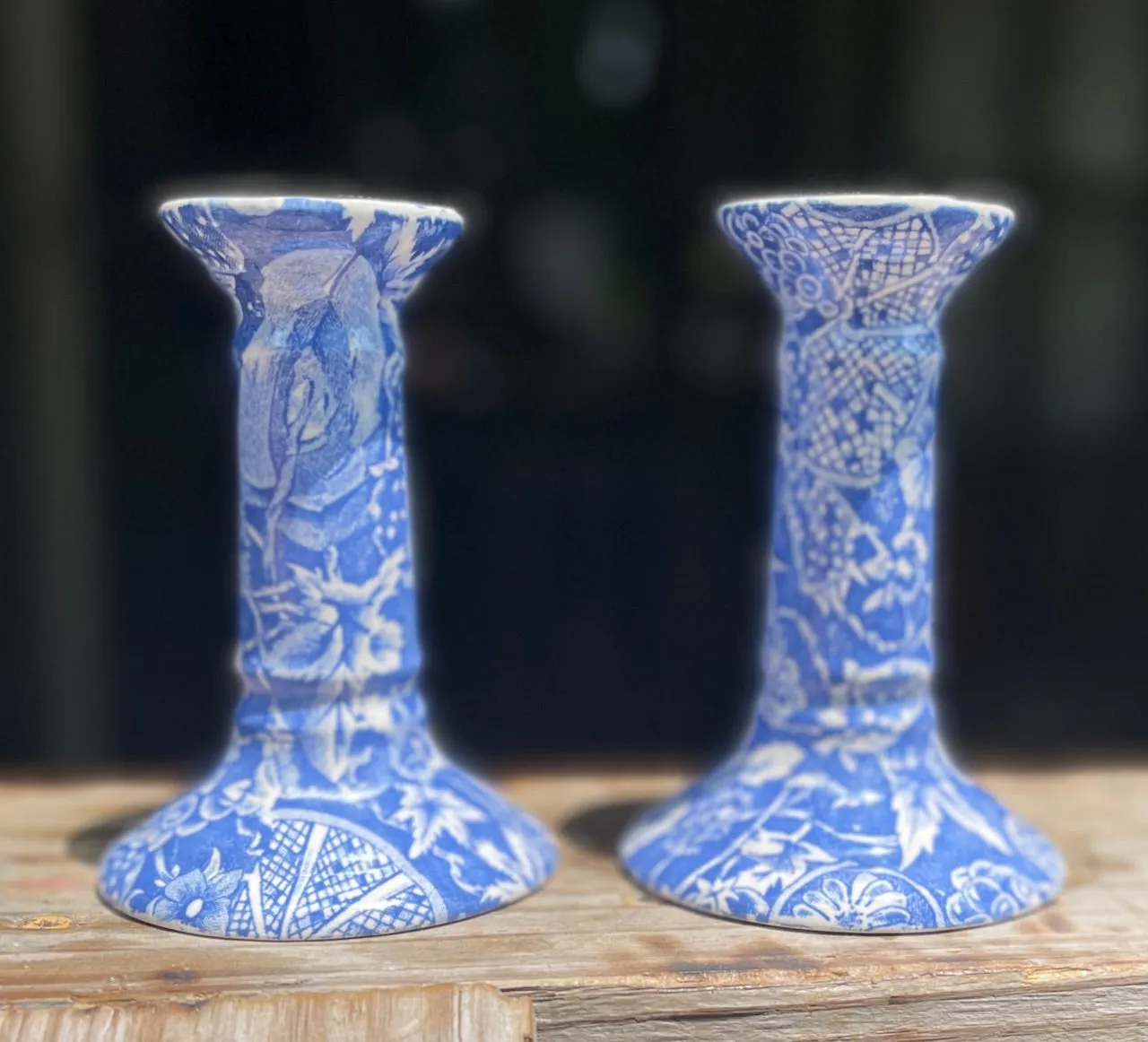 Vintage Pair Lt Blue Transferware Sheet Pattern Candle Stick Holders