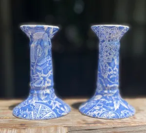 Vintage Pair Lt Blue Transferware Sheet Pattern Candle Stick Holders