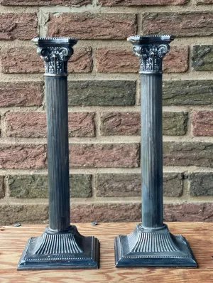 Vintage Pair of Neoclassical / Corinthian Greek Column Silver Plate Candlesticks