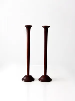 vintage tall wooden candlestick holders pair