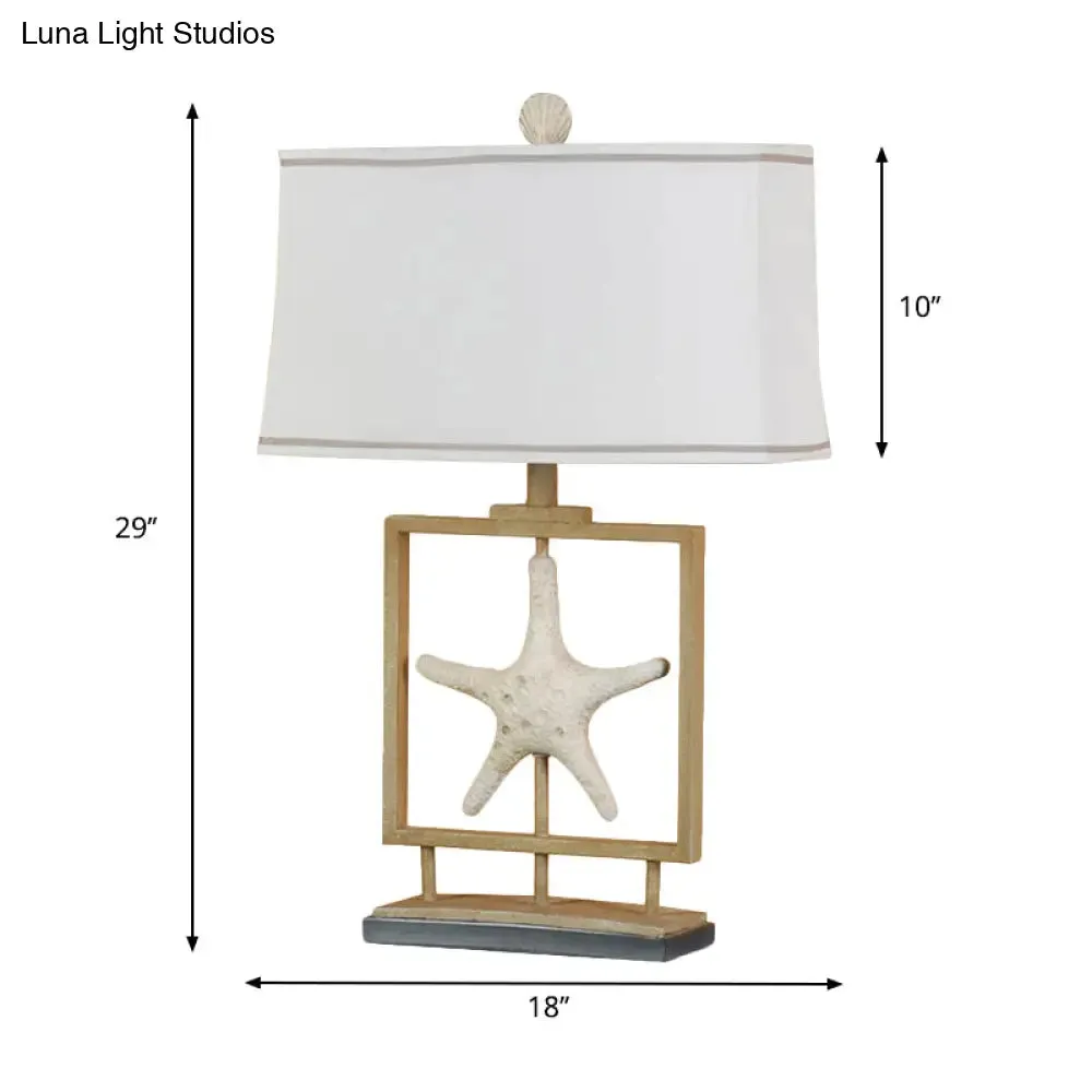Vintage White Fabric Table Lamp with Starfish Design - 1 Light Trapezoid Table Light