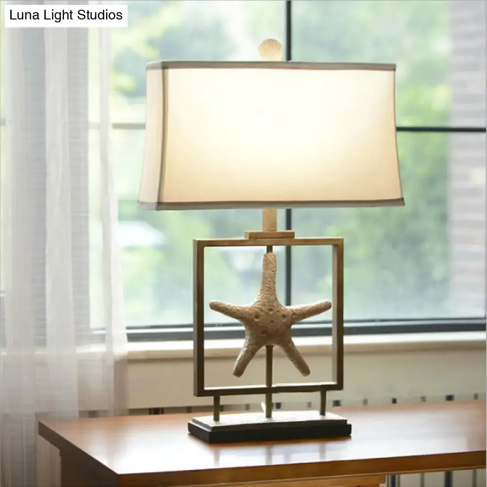 Vintage White Fabric Table Lamp with Starfish Design - 1 Light Trapezoid Table Light