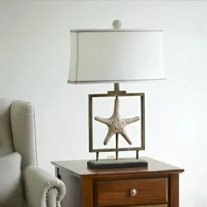 Vintage White Fabric Table Lamp with Starfish Design - 1 Light Trapezoid Table Light