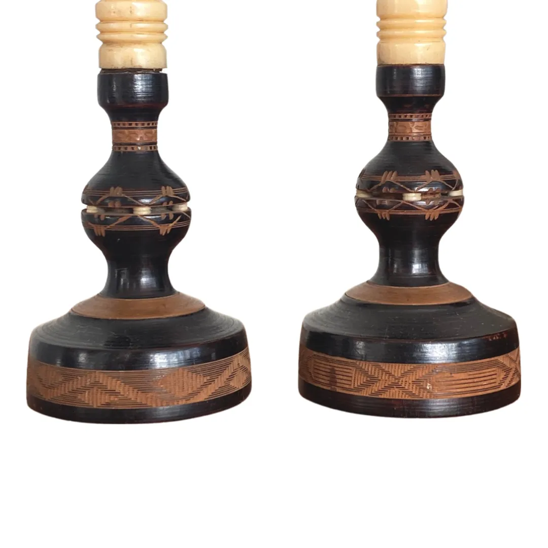 Vintage Wood & Bone Candlesticks