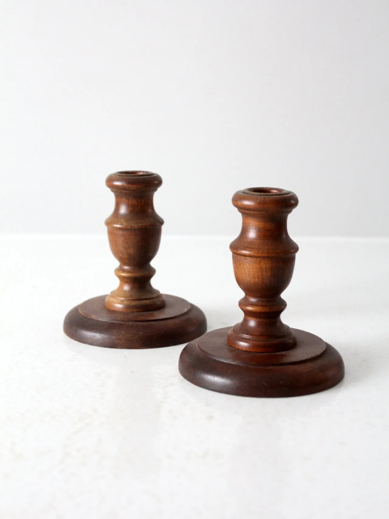 vintage wooden candle holders pair