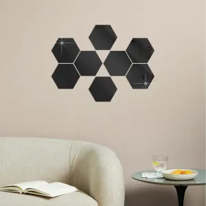 WallDaddy Acrylic Hexagon 3D Decorative Mirror Wall Sticker | Flexible Mirror for Wall (8HexagonBlack) Wall Sticker for Home
