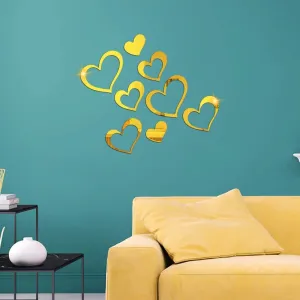 WallWear Plastic Finish Acrylic Sticker | 3D Decorative Mirror Wall Sticker | Flexible Sticker (8 Love Heart Gold) Wall Stickers for Bedroom, Hall, Home Offices, Living Room Etc.