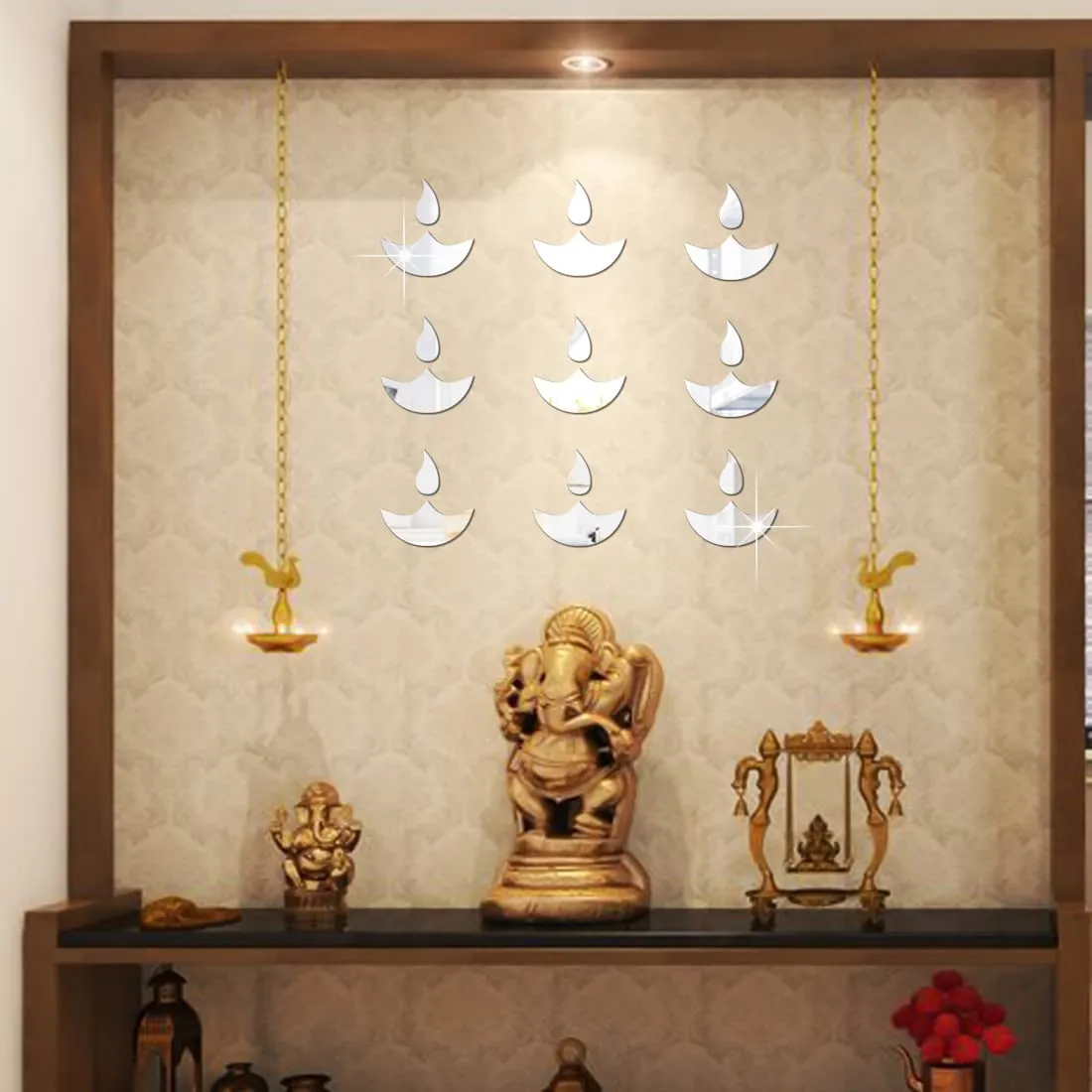 WallWear Plastic Finish Acrylic Sticker | 3D Decorative Mirror Wall Sticker | Flexible Sticker (9 Diye Silver) Mirror for Wall