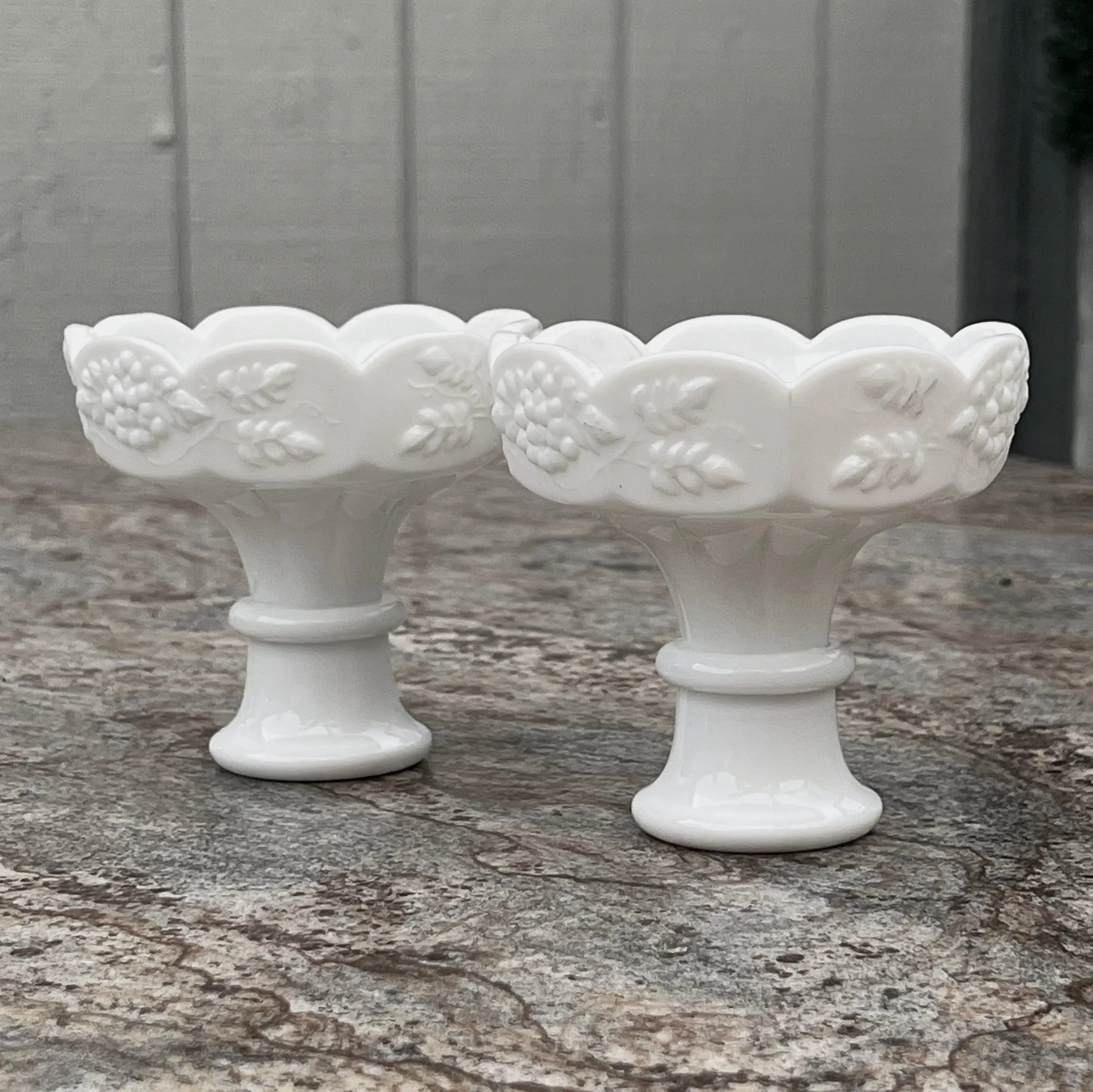 Westmoreland White Milk Glass Candlesticks, Grapes and Leaves