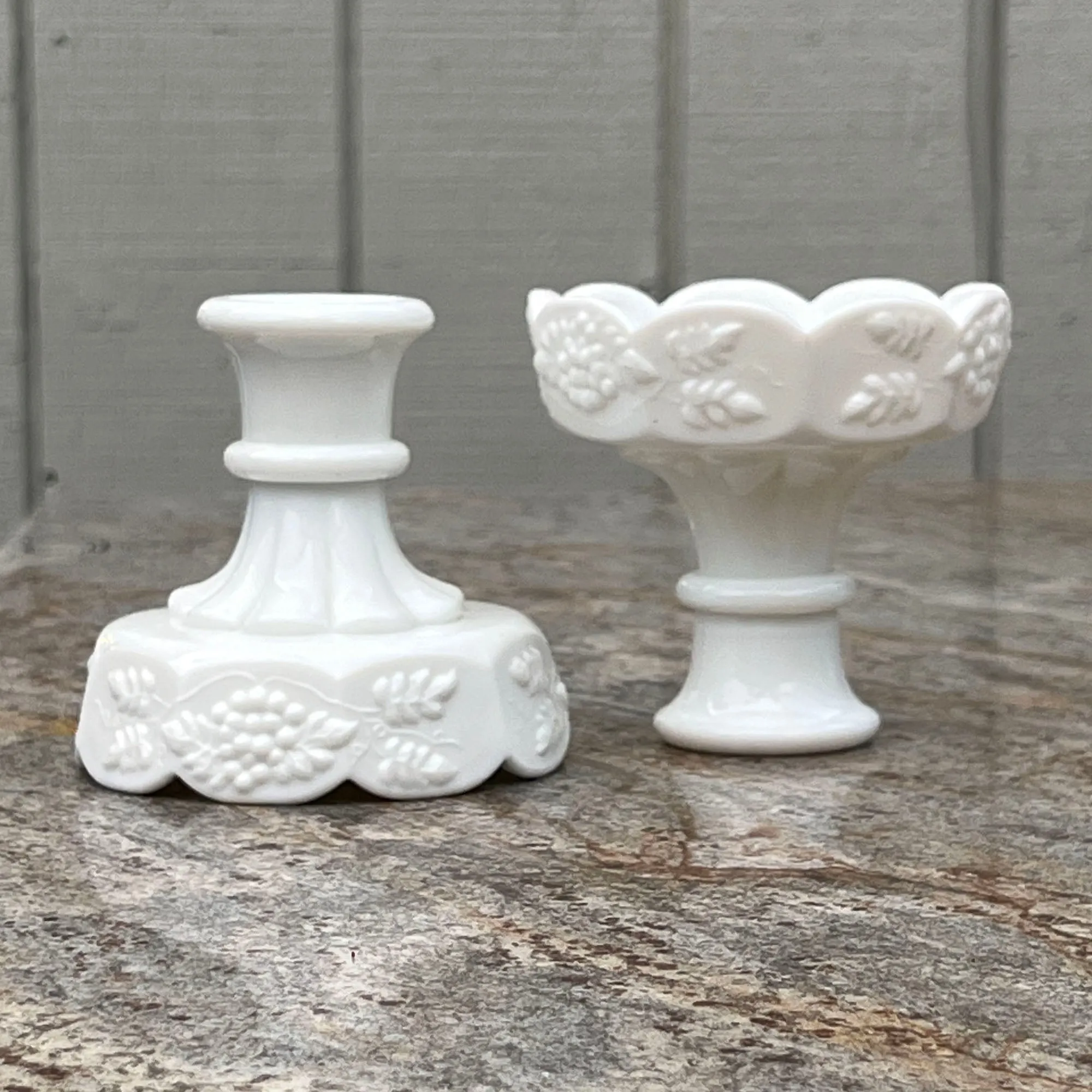 Westmoreland White Milk Glass Candlesticks, Grapes and Leaves