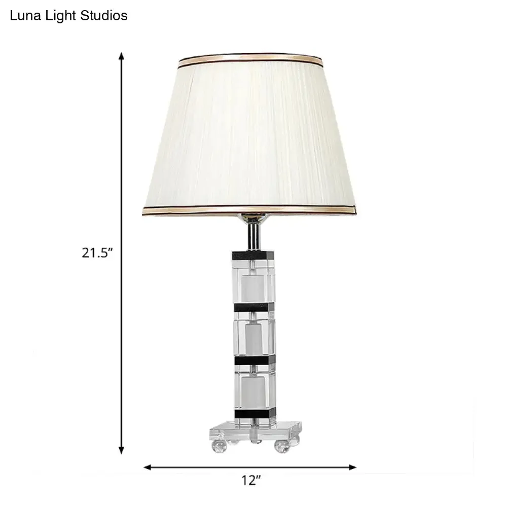 White Pleated Fabric Nightstand Lamp with Crystal Base - Simple & Elegant Table Light for Bedroom