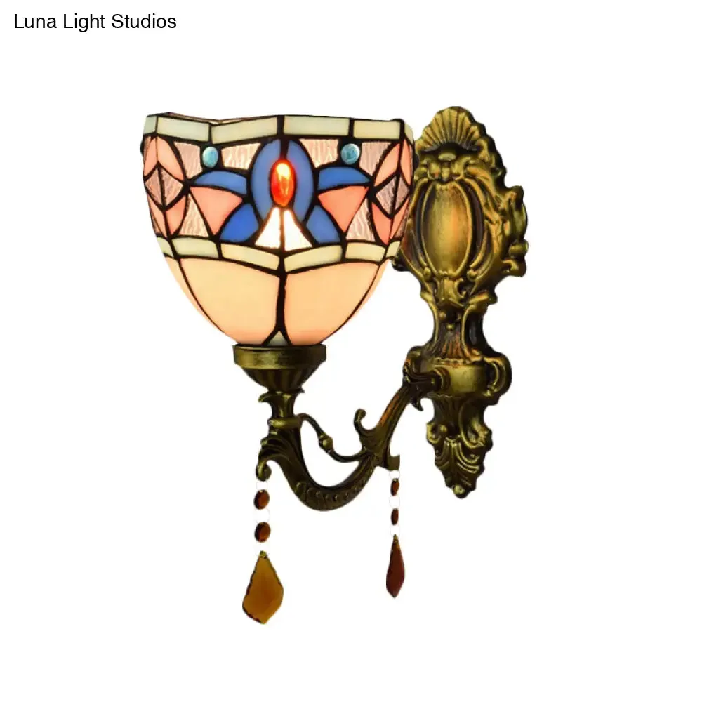 White Stained Glass Wall Sconce - Tiffany Classic Design with Agate Accent - Bedroom Lamp