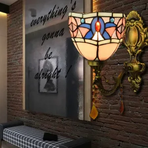 White Stained Glass Wall Sconce - Tiffany Classic Design with Agate Accent - Bedroom Lamp