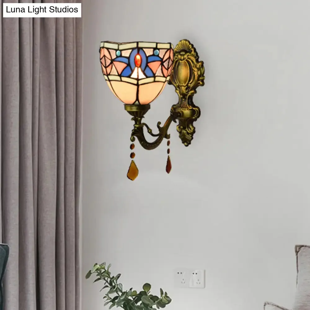 White Stained Glass Wall Sconce - Tiffany Classic Design with Agate Accent - Bedroom Lamp