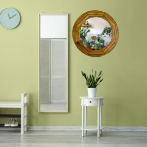 Wooden Frame Brown Round Pine Decorative Mirror for Wall, Bathroom, Wall Decor, Designer Mirror, Decorative Mirror - Pack of 1 (18 Inch/45.72 Cm)