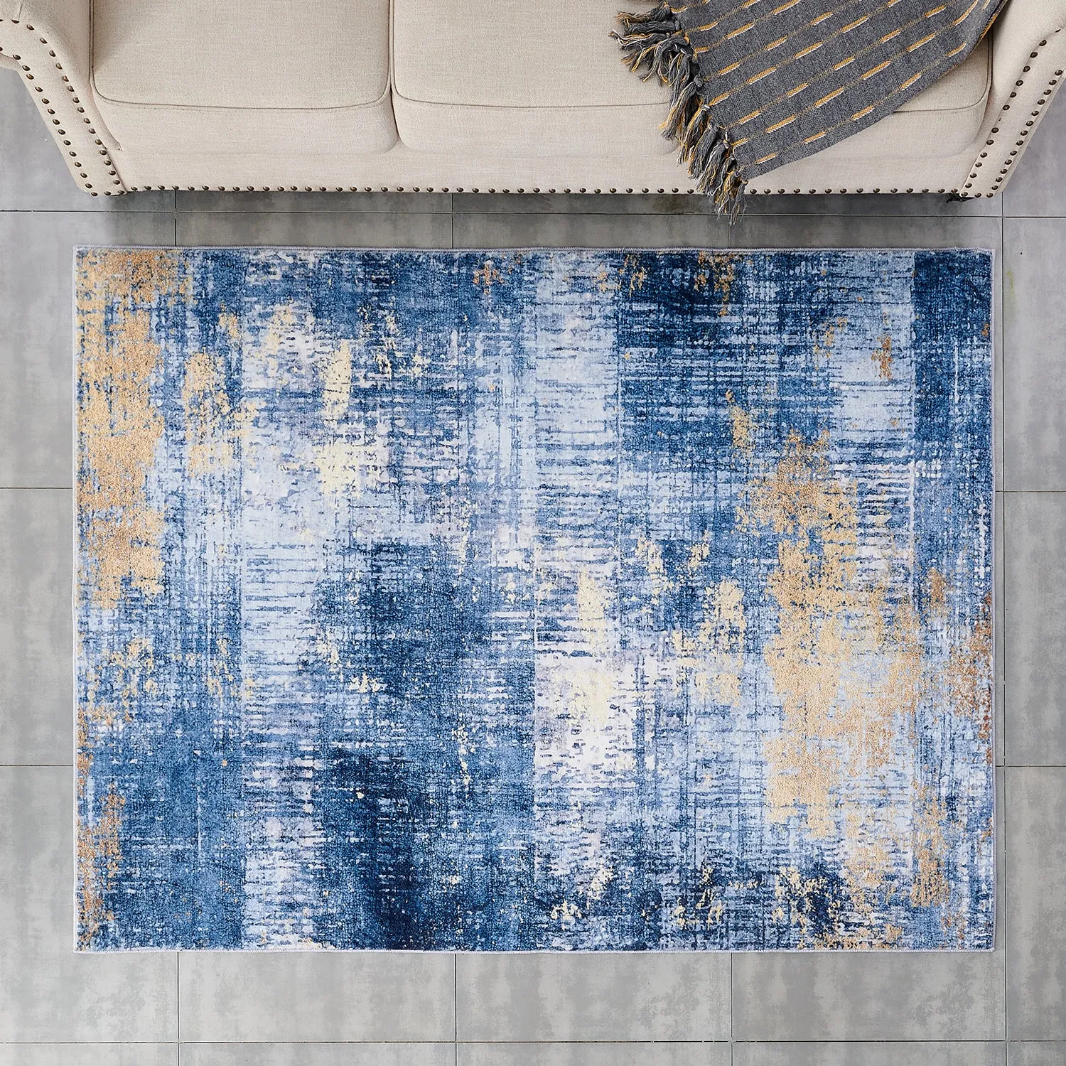 Zara Abstract Design Machine Washable Blue and Gold Area Rug