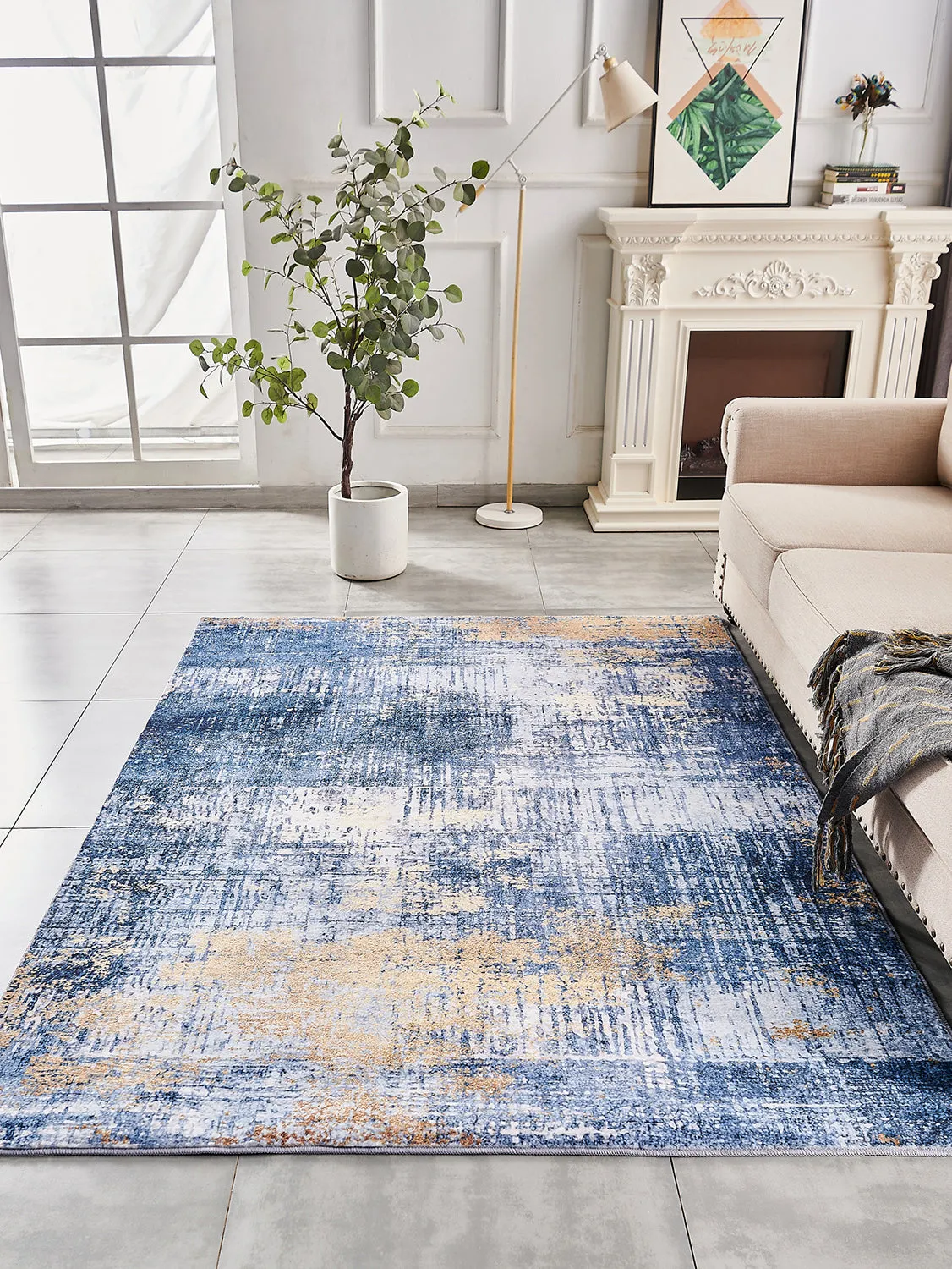Zara Abstract Design Machine Washable Blue and Gold Area Rug