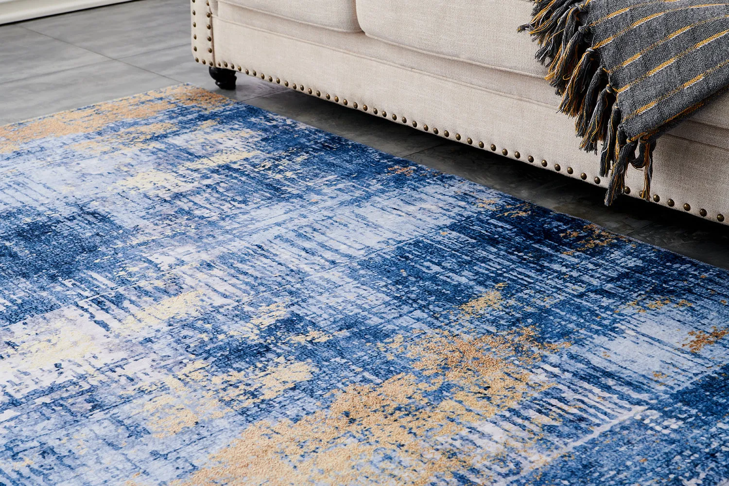 Zara Abstract Design Machine Washable Blue and Gold Area Rug