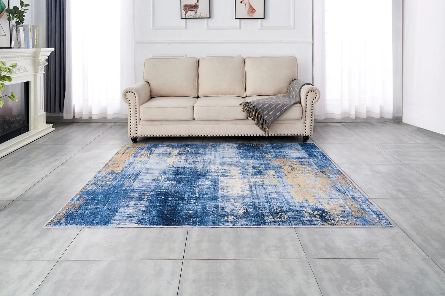 Zara Abstract Design Machine Washable Blue and Gold Area Rug