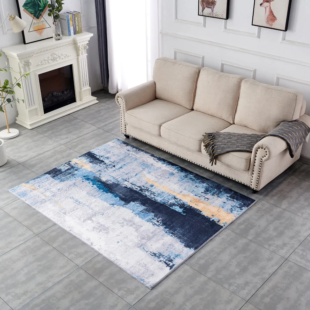 Zara Abstract Design Machine Washable Gray Blue Yellow Area Rug