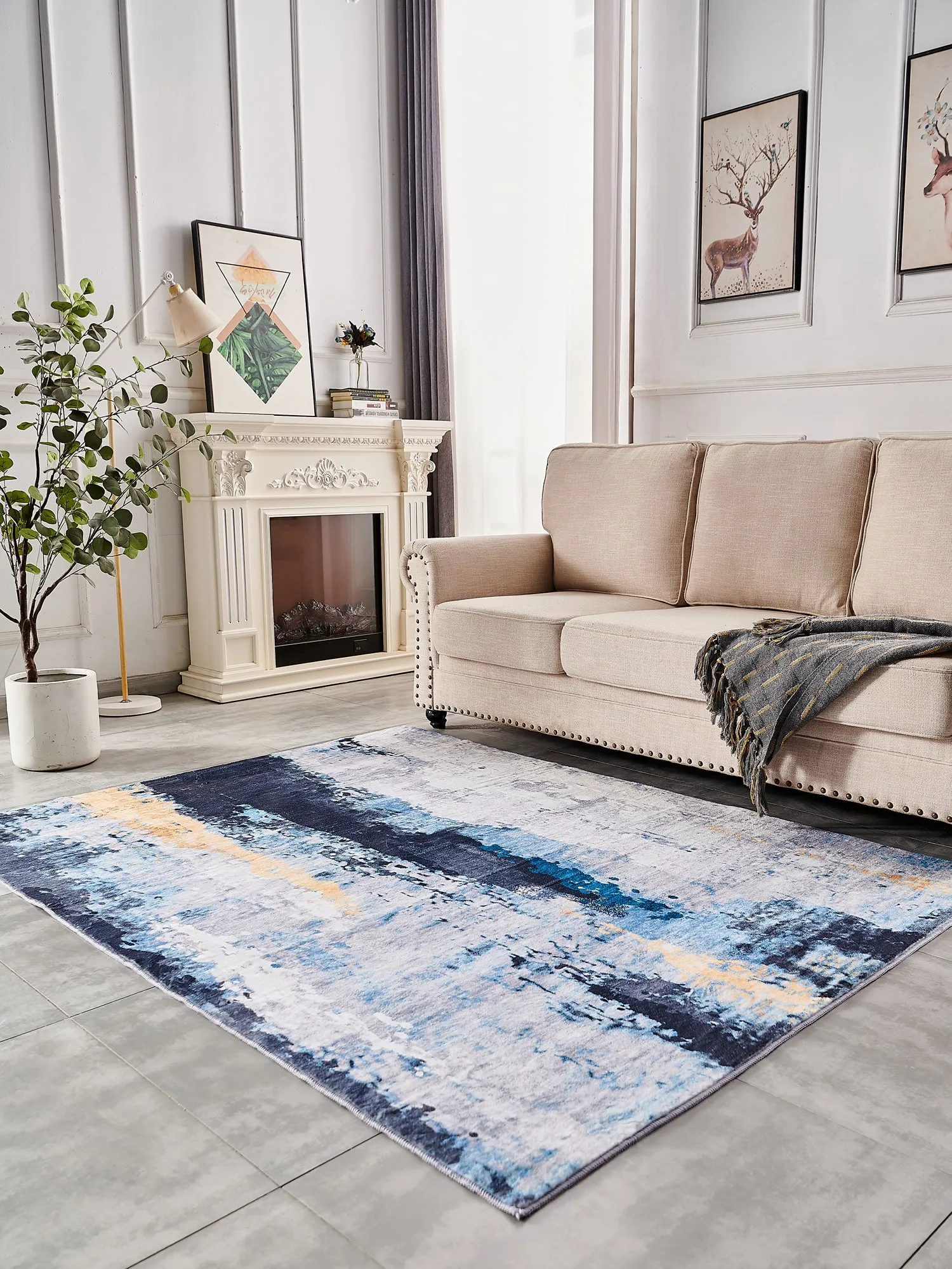 Zara Abstract Design Machine Washable Gray Blue Yellow Area Rug